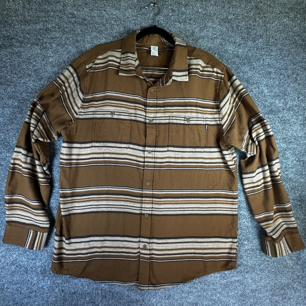 Hurley Shirt Mens XL Brown Tan Striped Flannel Long Sleeve Button Up Surf